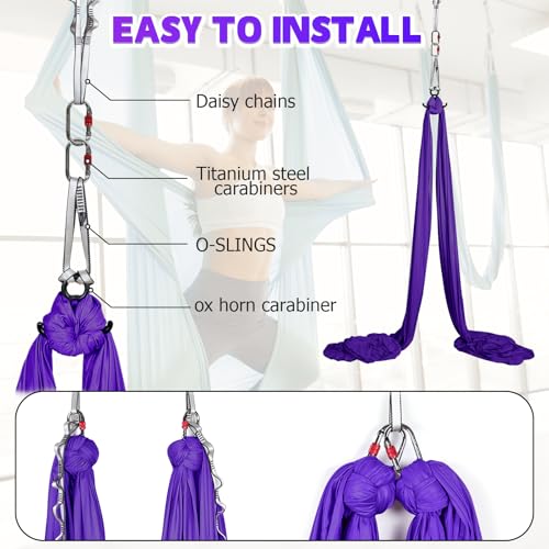 Aerial Silks Kit & Aerial Yoga Hammock - 11Yd Premium Fabric with Hardware - Easy Setup for Flying Yoga, Aerial Swing & Fitness - Supports Up to 14ft Rigging - color: Dark Purple
