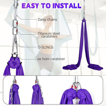 Aerial Silks Kit & Aerial Yoga Hammock - 11Yd Premium Fabric with Hardware - Easy Setup for Flying Yoga, Aerial Swing & Fitness - Supports Up to 14ft Rigging - color: Dark Purple