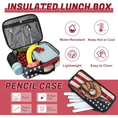 Baseball Backpack Set for Boys, Kids Retro USA Flag Backpack for School with Lunch Box and Pencil Case Coin Purse, School Bookbag for Boys - color: Retro Baseball