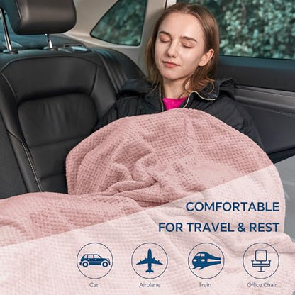 BEDELITE Travel Blanket with Bag, Ultra-Soft Jacquard Fleece Blanket with Luggage Sleeve & Backpack Clip, Airplane Blanket Travel Essentials, Pink - color: Pink