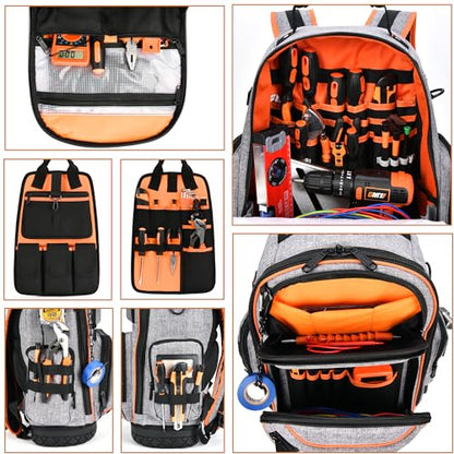 Tool Bag Backpack, 75 Pockets & Loops Heavy Duty Tools Organizer Bags/HVAC Tool Carrier for Eelectrician/Construction Work with Molded Base and Combination Lock, Large, Grey - color: Grey