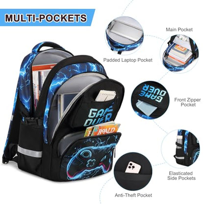Scothen 3PCS Boys Backpack Set, Cool Backpack for Boys with Lunch Bag & Pencil Case, Kids School Bag Teen Boy Bookbag for Kindergarten Elementary Middle School with USB Charging Port - color: Futuristic Blue Lightning