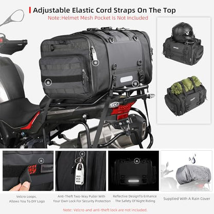 Rhinowalk Motorcycle Tail Bag, Expandable Motorcycle Travel Luggage Bags 33-45L, Waterproof All-Weather Trunk Rack Bag with Sissy Bar Straps & Helmet Rain Cover-Black - color: Black 33-45L