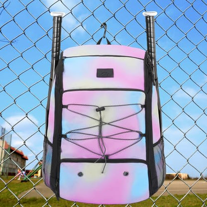 MATEIN Baseball Backpack, Softball Bat Bag with Shoes Compartment for Youth, Boys and Adult, Lightweight Baseball Bag with Fence Hook Hold TBall Bat, Batting Mitten, Helmet, Caps, Teeball Gear - color: Tie Dye, size: 47L