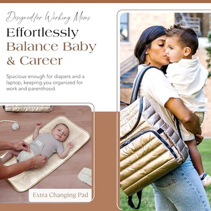 Citi Collective Gallery Diaper Bag Backpack - Casual Day-to-Day Backpack Fits 15" Laptop - Travel Bag with Multiple Compartments, Pockets, Portable Changing Pad, and Shoulder Strap-Gold - color: Gold