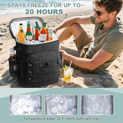 Large 52cans Cooler Backpack, Insulated, Waterproof, Leak Proof, 30L Large Capacity - color: Black, Black Zipper