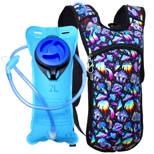 Sojourner Rave Hydration Pack - Hydration Backpack - Hydropack with 2L Bladder - Water Backpack for Festivals, Hiking, Running, Biking and More - color: Magic Mushroom