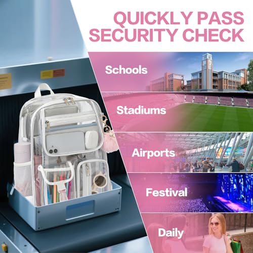 Clear Backpacks for Girls Women, Heavy Duty PVC Transparent School Bookbag See Through Back Pack for College Work Travel (White) - color: White