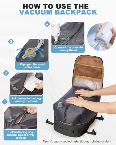 coofay Vacuum Backpack Travel with Pump Vacpack Backpack with Vacuum System Travel Compression Backpacks for Women Mochila De Viaje Carry on Luggage - color: B-black