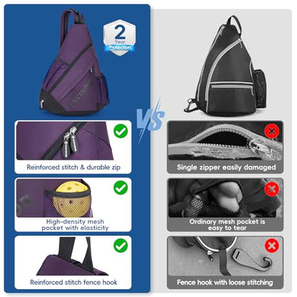 KAVIGOR Pickleball Sling Bag, Convertible Ultra-Light Backpack with Skin-Soft Fabric & Wet/Dry Pocket, Fits 4 Paddles + Gear - color: Dark Purple