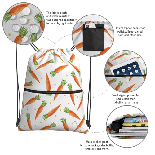 Easter Cartoon Carrots Drawstring Backpack, Waterproof Drawstring Bag for Gym Sports Easter Party Gift, Women Men Durable Sackpack Bag with Front Zipper Pocket and Inside Zipper Pocket - color: Easter Cartoon Carrots