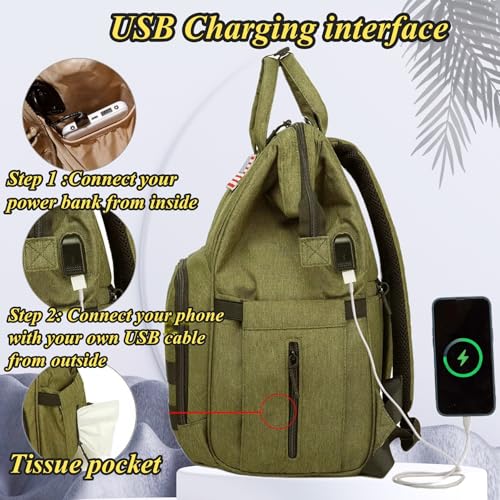 Diaper Bag Backpack for Dad and Mom with USB Charging Port Stroller Straps and Insulated Pocket,army military Travel Nappy Backpack for daddy mommy (Green) - color: Green