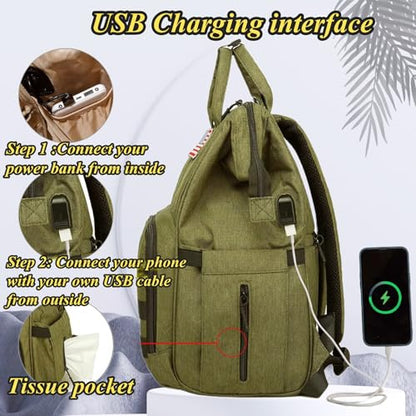 Diaper Bag Backpack for Dad and Mom with USB Charging Port Stroller Straps and Insulated Pocket,army military Travel Nappy Backpack for daddy mommy (Green) - color: Green