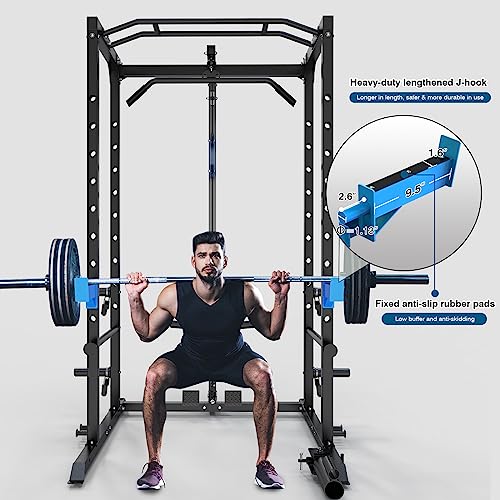 ULTRA FUEGO Power Cage, Multi-Functional Power Rack with J-Hooks, Dip Handles, Landmine Attachment and Optional Cable Pulley System for Home Gym - size: Power Cage with Pulley System and Flat Bench