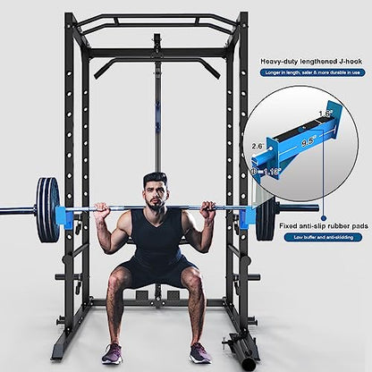 ULTRA FUEGO Power Cage, Multi-Functional Power Rack with J-Hooks, Dip Handles, Landmine Attachment and Optional Cable Pulley System for Home Gym - size: Power Cage with Pulley System and Flat Bench