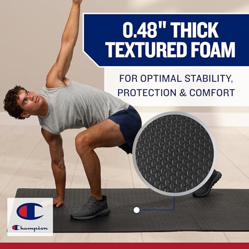 Champion Interlocking Foam Floor Tiles, 12mm Thick EVA Foam Exercise Mat Set with 6 Interlocking Mats & 10 Border Pieces, Non-Slip Cushioned Flooring for Home Workout, Yoga, Stretching, and Pilates