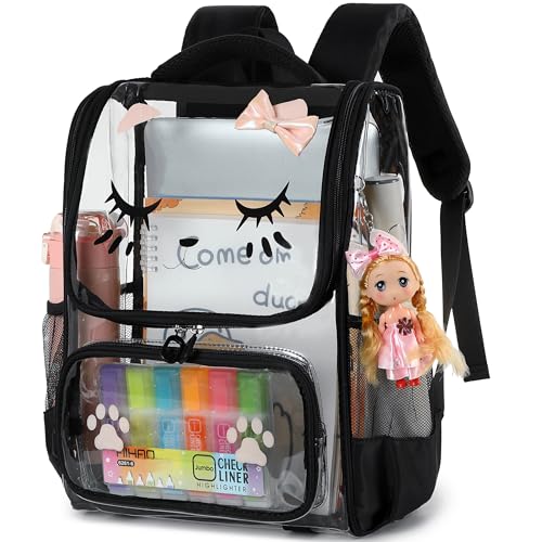 AO ALI VICTORY Clear Girls Backpacks Heavy Duty PVC Transparent Cute Backpack for Kids Toddler Girls Preschool Bookbags Elementary School Bag See Through Casual Travel Daypack, Black - color: Black