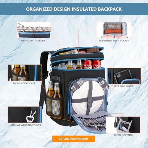 Backpack Cooler,40 Cans Cooler Backpack Insulated Waterproof&Leak Proof,Soft Cooler Bag with 2 Compartments for Men&Women,Picnic Backpack Ice Chest for Camping Hiking Fishing Lunch Beach - color: Black-Blue