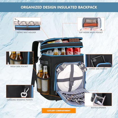 Backpack Cooler,40 Cans Cooler Backpack Insulated Waterproof&Leak Proof,Soft Cooler Bag with 2 Compartments for Men&Women,Picnic Backpack Ice Chest for Camping Hiking Fishing Lunch Beach - color: Black-Blue