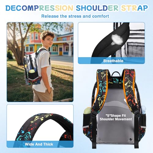 Sisipoet Clear Backpack for School, Heavy Duty PVC Transparent Bookbag, Funny Kids Backpacks with Game Print, Black - color: Black/Game