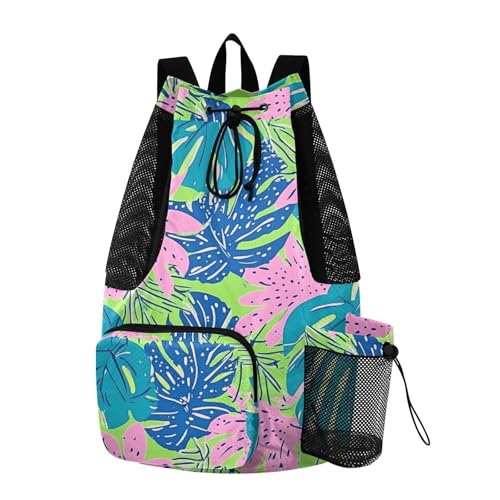 Drawstring Gym Sackpack With Pockets Drawstring Backpack For Swim with Wet Dry Compartments Tropical Colorful Leaves