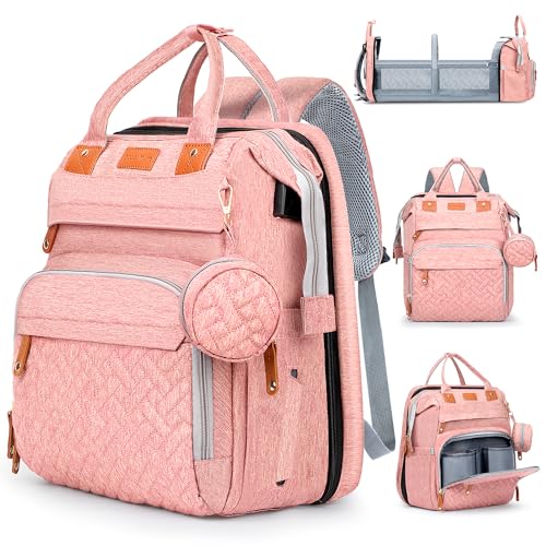 JOYCE Diaper Bag Backpack with Changing Pad, Water-Resistant, Pink | Portable changinag pad, insulated bottle pockets, stroller straps, pacifier case, Multi-Compartment storage - color: Pink