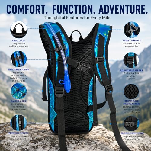 Reflective Hydration Backpack, Hydration Pack - Water Backpack with 2L Hydration Bladder, Essential for Festivals - Rave Hydration Pack for Hiking, Running, Cycling, and Festivals - color: Light Blue