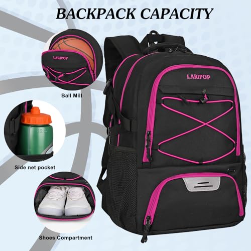 LARIPOP Basketball Backpack Large Basketball Bag with Ball Holder & Shoe Compartment for Adults Men Women - color: Rose Red