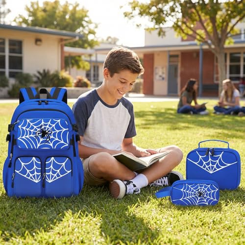 Kids Backpack for Boys - 4Pcs Boys Backpack with Lunch Box Set for Kids Teens Elementary Middle School, 18″ Large Capacity Students Bookbag, Perfect for Travel and School - color: Blue-backpack-set