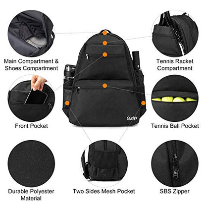 Sucipi Tennis Bag Professional Tennis Backpack for Men and Women Racket Bags Holds 2 Rackets with Ventilated Shoe Compartment - color: Black