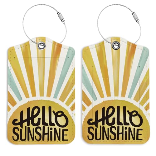 Hello Sunshine Luggage Tags for Suitcases 2 Pack, Mid Century Modern Boho Sunshine Leather Luggage Tag with Privacy Name ID Label and Stainless Steel Loop for Travel Bag Suitcase - color: Hello Sunshine