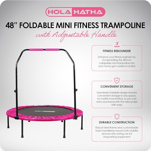 HolaHatha Foldable Mini Trampoline Fitness Rebounder for Home Gym Workouts – with 5-Level Adjustable Handle, Heavy-Duty Steel Frame, Portable Design, and Supports up to 440 Pounds