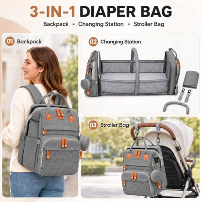 Diaper Bag Backpack with Changing Station, Large Waterproof Travel Baby Bag - color: Grey