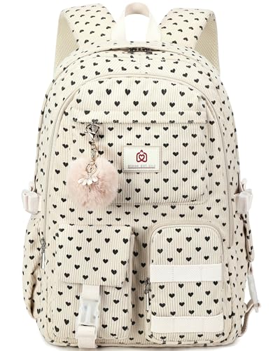 School Backpack for Teens Girls Women 15.6 Inch Laptop College Backpacks Corduroy Work Bag Kids Elementary Middle High School Bookbag Students Back Pack Travel Daypack Womens-Corduroy Beige Heart-1 - color: Corduroy Beige Heart-1