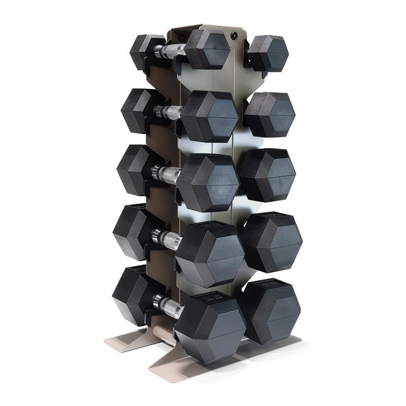 CAP Dumbbell Set with Rack, Rubber Coated Hex Free Weight Set | 100–300 lb Options, Vertical Space-Saving Storage for Home Gym Strength Training - size: 150 lb Set - Tan Rack, style: Chrome Handle
