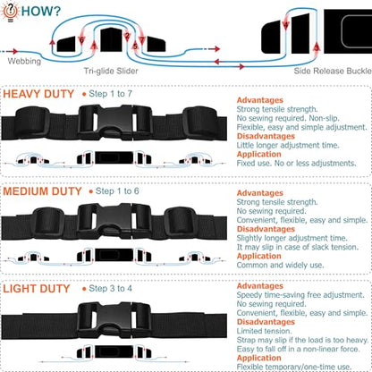 Nylon Straps 1-1/4 inch Wide with Buckles and Slides: 6 Yard of 1.25" Webbing, 4 Pack Side Release Buckle, 8 pcs Tri-Glide Slider, Heavy Duty Plastic Clip Quick Fastener Replacement Dual Adjustable - size: 1-1/4" x 6 yd Strap + 4 pack Buckles