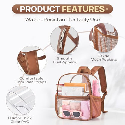 Oraben Clear Backpack Stadium Approved, 12 x 6 x 11 in, Small Transparent Backpack for Concerts, Sports Events, Festivals, Travel, Waterproof PVC, Adjustable Straps, Women Men - color: Coffee Brown, style: Enhanced Strap
