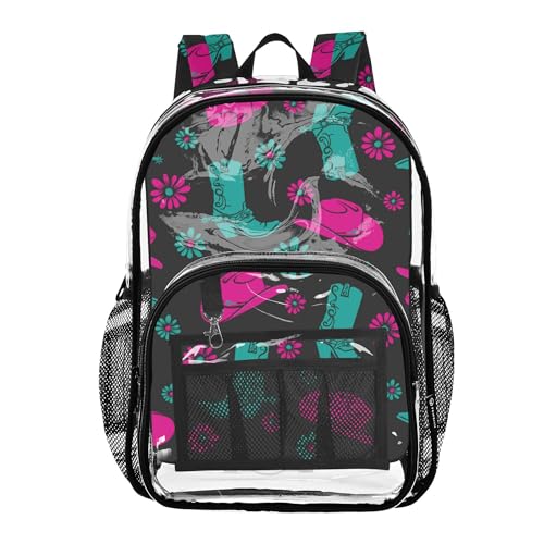 Western Cowgirl Flowers Clear Backpack PVC Transparent School Backpack Lightweight Student Book Bags Capacity Clear Bag - color: Magnet Black