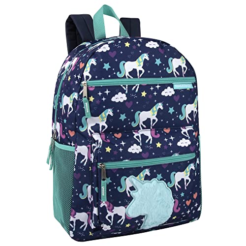 Trail maker 17” Kids Character School Backpacks Plush for Girls with Side Pockets, Padded Straps - color: Plush Prancing Unicorns