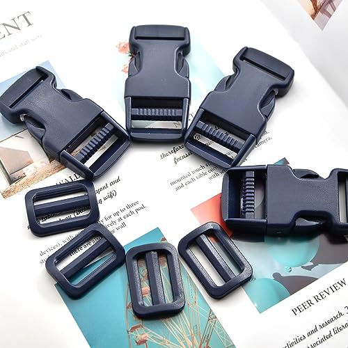 1 inch Buckles Straps Set with 10 Yards Nylon Webbing Strap,10 pcs Quick Side Release Plastic Buckle, 20 pcs Tri-Glide Slide Clip for Luggage Strap, Backpack Replacement (Navy Blue) - color: Navy Blue