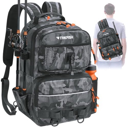 THKFISH Fishing Backpack Tackle Sling Bag, 20L Tackle Backpack with Rod Holder Store Fishing Gear, Gifts for fishermen - color: Black Camo