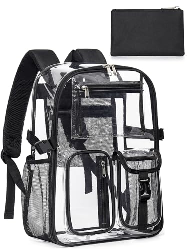 Clear Backpack Heavy Duty for Women Men Boys Girls, Large Clear Bookbag See Through Backpack for School College - color: 13-5#black+pouch-no Reflective Strips