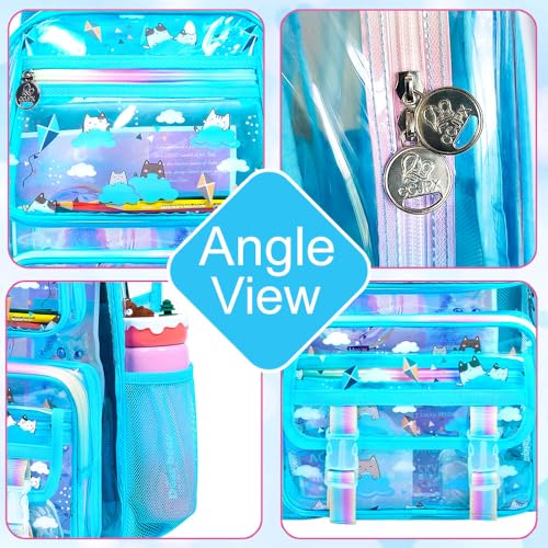 KLFVB Clear Backpack Heavy Duty, 3PCS Girls See Through School Bag Set, Cute Transparent Bookbag for Women - Cloud Cat Blue - color: Cloud Cat Blue Clear Backpack