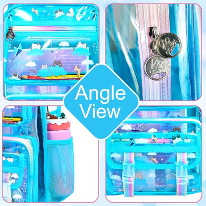 KLFVB Clear Backpack Heavy Duty, 3PCS Girls See Through School Bag Set, Cute Transparent Bookbag for Women - Cloud Cat Blue - color: Cloud Cat Blue Clear Backpack