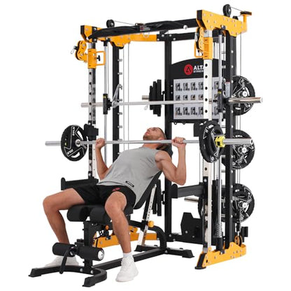 Altas Strength 3059 Smith Machine Home Gym with 1000 lb Capacity and Cables | All-in-one Smith machine with cable system, 1,000 lb capacity, safe solo training, and compact home gym design.