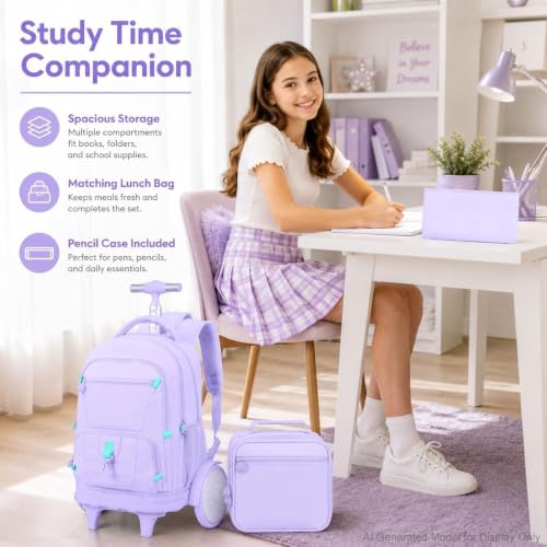 CCJPX 3Pcs Women & Girls Rolling Backpack with Bigger Wheels, Extra-Large Wheeled Bookbag with Lunch Box, Water Resistant Extra-Large Roller Luggage for Travel, Work, College (Purple) - color: Purple(upgrade Large Wheel)