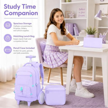 CCJPX 3Pcs Women & Girls Rolling Backpack with Bigger Wheels, Extra-Large Wheeled Bookbag with Lunch Box, Water Resistant Extra-Large Roller Luggage for Travel, Work, College (Purple) - color: Purple(upgrade Large Wheel)