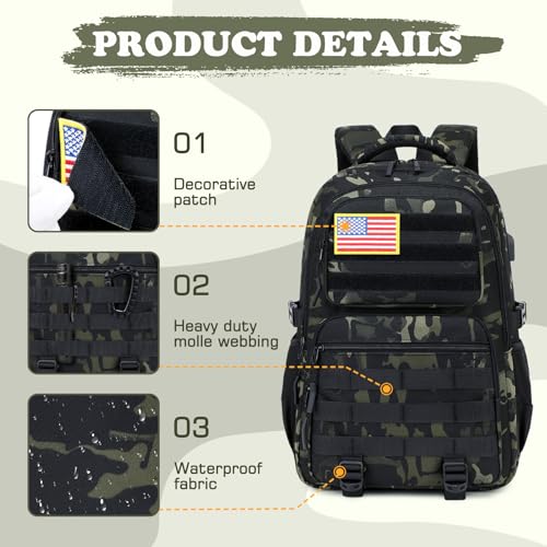 Camo Backpack for Boys, Tactical Boys Backpack with Lunch Box Pencil Case, Kids Backpacks with USB Charging Port, Military Army School Bookbag for Teen Boy Elementary Middle High School Camp - color: Black-green