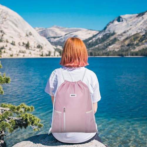 WANDF Drawstring Backpack Sports Gym Sackpack with Mesh Pockets Water Resistant String Bag for Women Men(Pink) - color: Pink