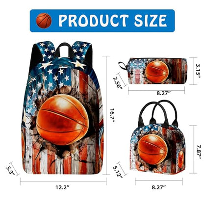 3PCS Backpack for Girls Boys,Teens Flag Basketball Back to School Backpack with Lunch Box Pencil Case, 17 Inch Lightweight Students Backpack 3 in 1 Set for Elementary Middle High School - color: American Flag Basketball